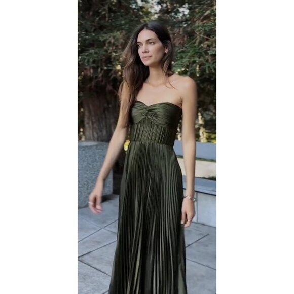 AMUR Pleated Strapless Belle Dress in Olive Size US 6 - Picture 3 of 14